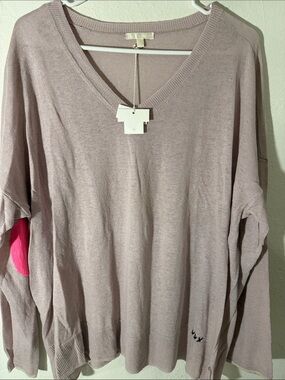 Lisa Todd Dusty Lavender V-Neck Sweater with Pink Elbow Patch